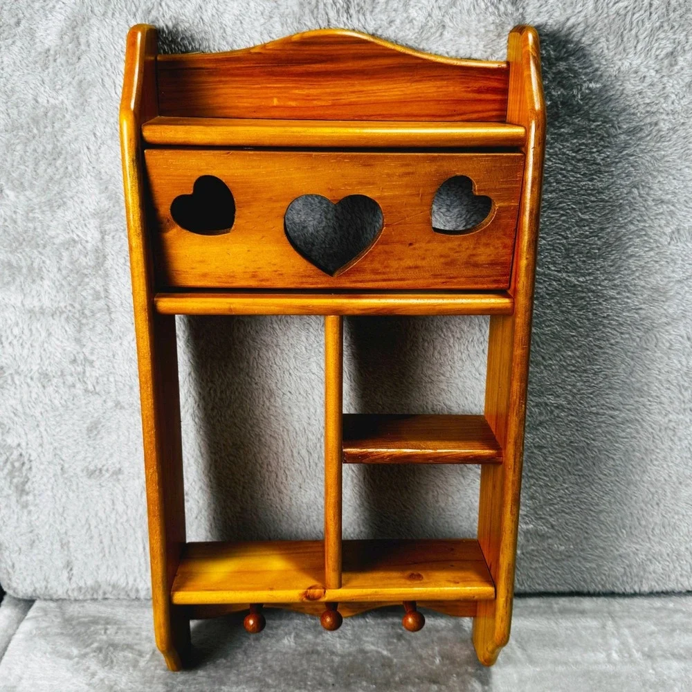 Vintage 80s Wood Wall Shelf Heart Cutout Curio Display 3 Pegs Cottagecore